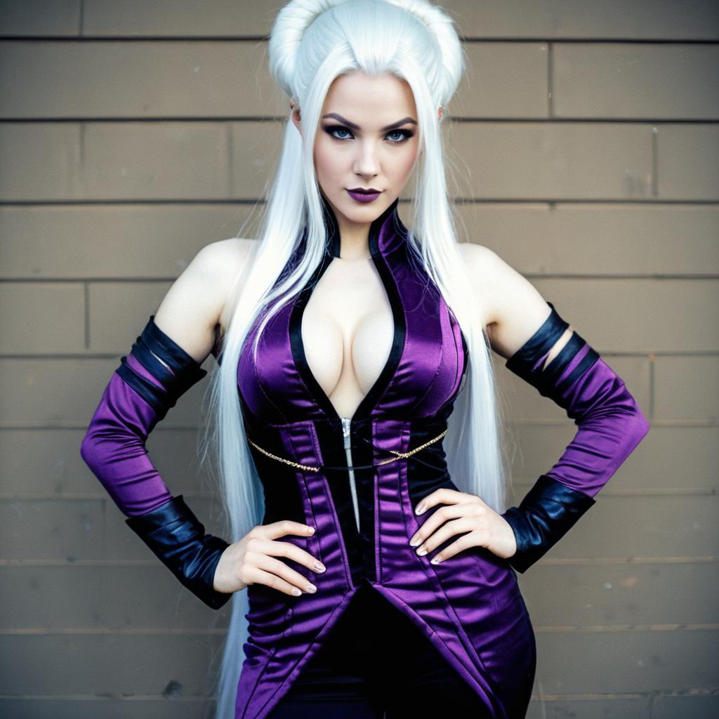 Futuristic Purple and Black Cosplay Woman with White Hair Against Brick Wall