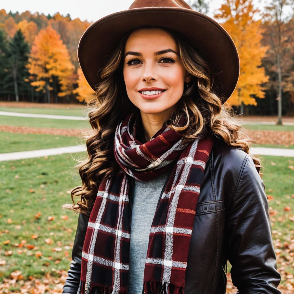 Woman in Leather Jacket and Scarf in Autumn Foliage