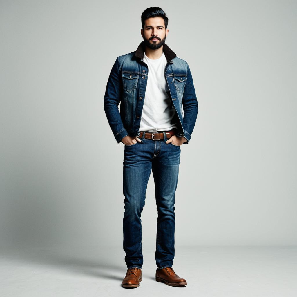 Fashionable Man in Denim Jacket and Jeans Standing in Studio