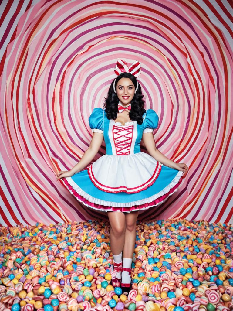 Woman in Candyland Costume Full Body Cosplay Photo in Candy-Themed Background
