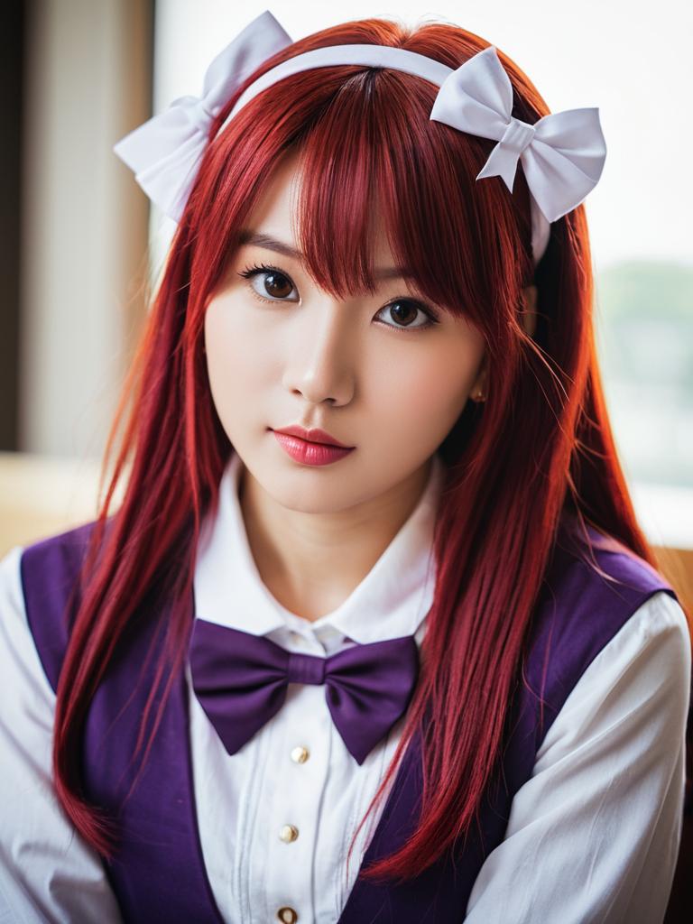 Portrait of Woman with Red Hair and Purple Bow Tie