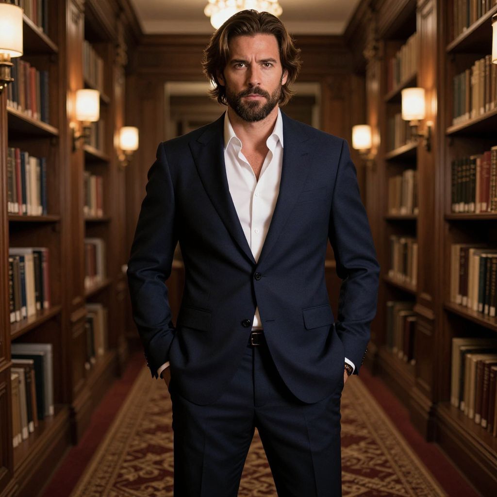 Confident Man in Navy Suit Standing in Elegant Library