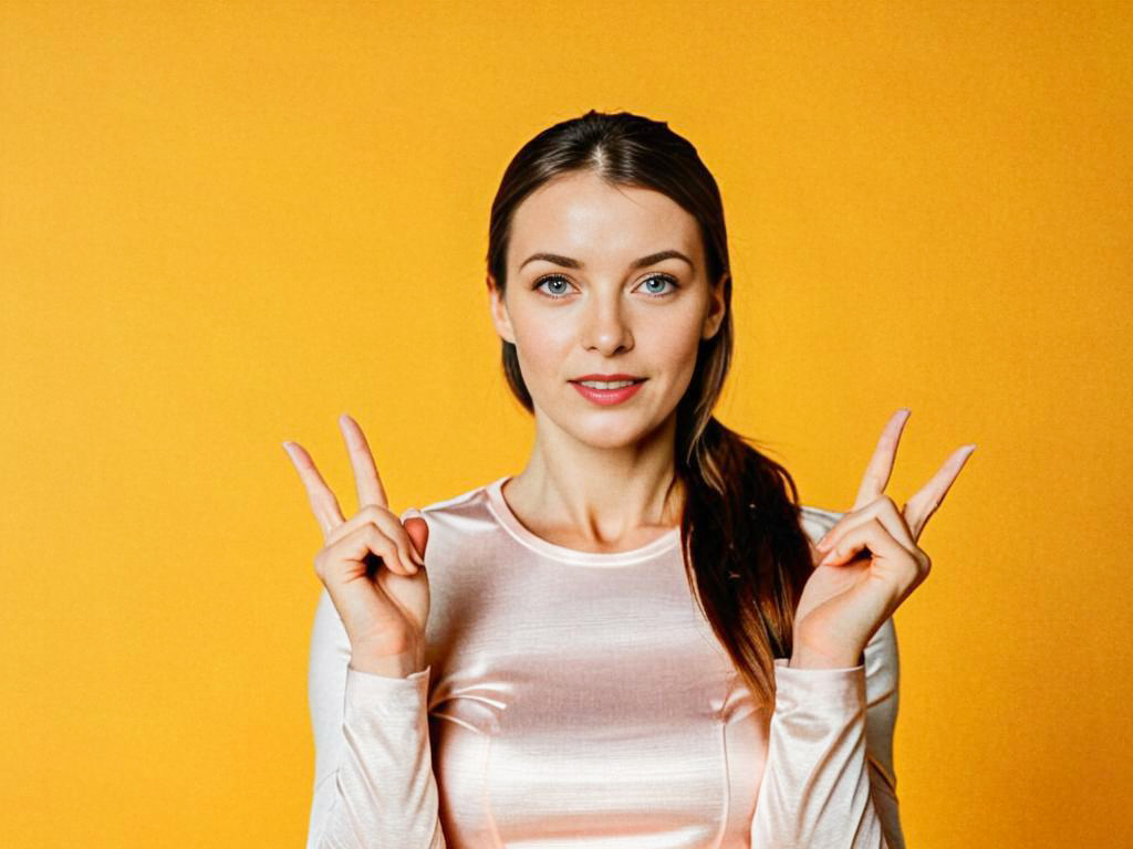 Confident Woman with Peace Signs on Yellow Background