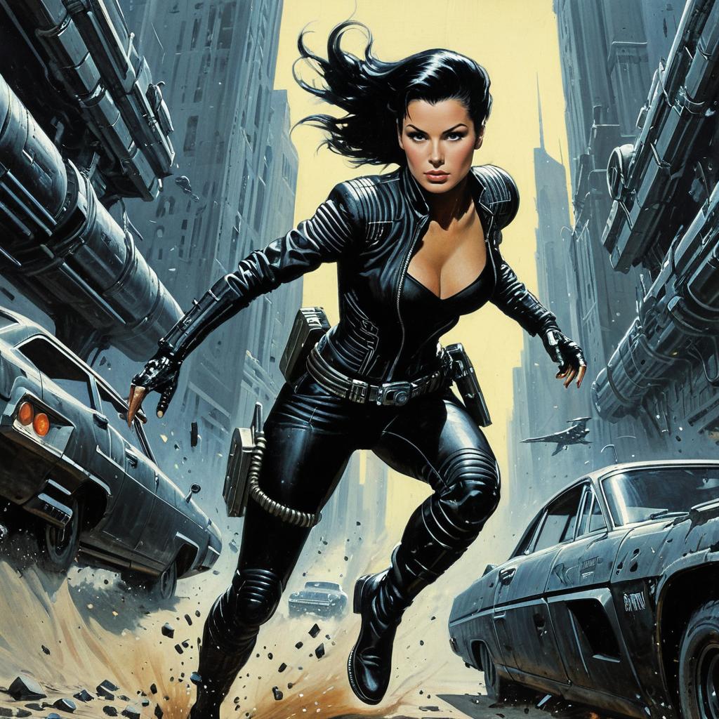 Cyberpunk Woman in Black Leather Racing Through Futuristic City Street