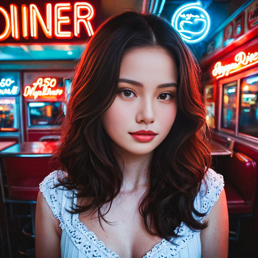 Young Woman in Retro Diner with Neon Lights
