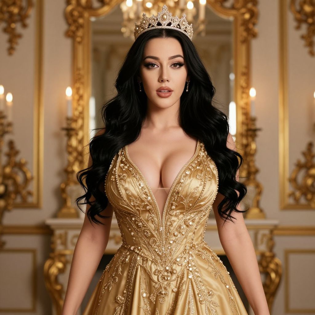 Elegant Woman in Ornate Golden Gown and Crown in Luxurious Room