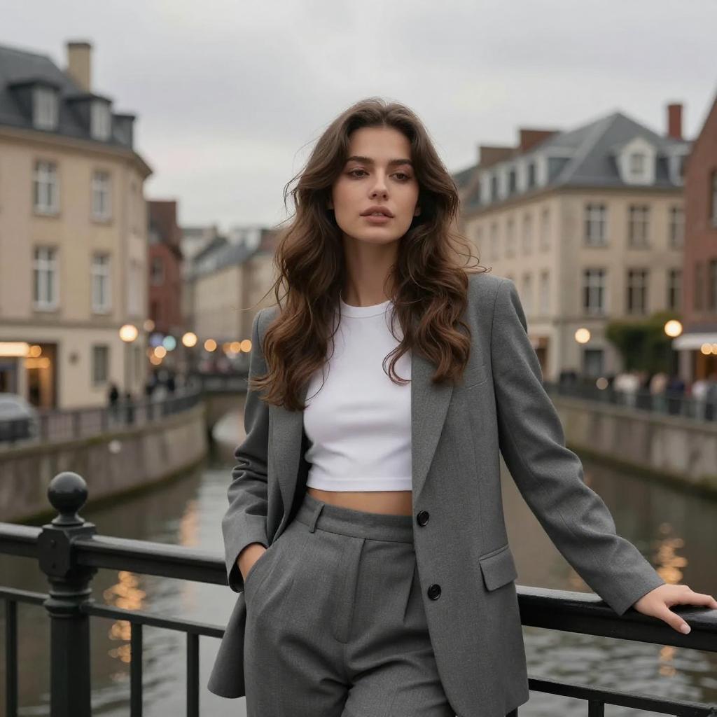 Trendy Gen Z Woman in Gray Suit on Canal Bridge Urban Fashion
