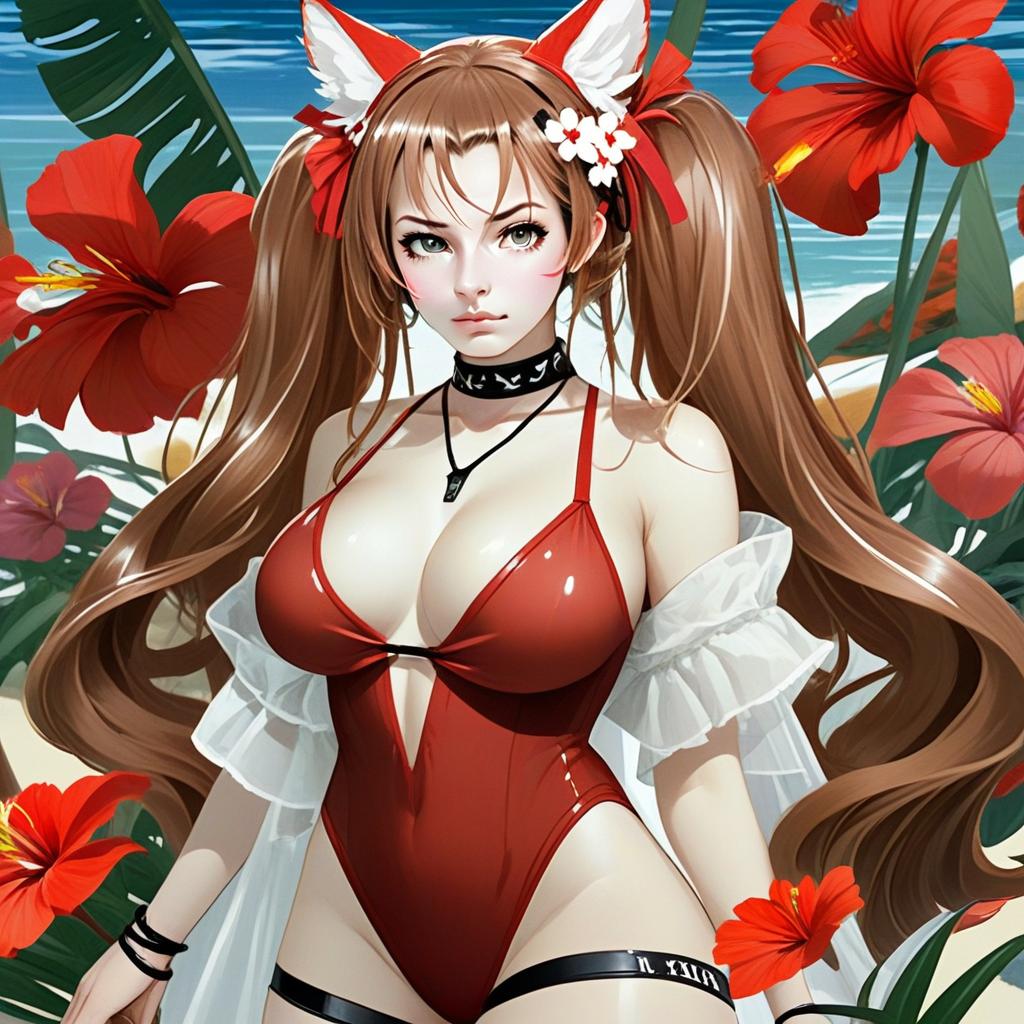 Anime Woman in Red Swimsuit with Summer Flowers by the Beach Arknights Style