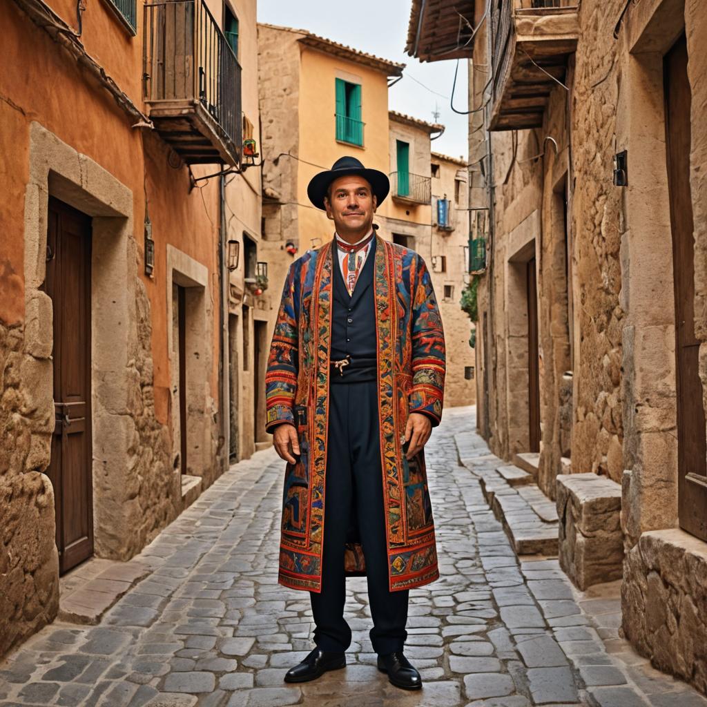 Man in Traditional Costume on Cobblestone Street