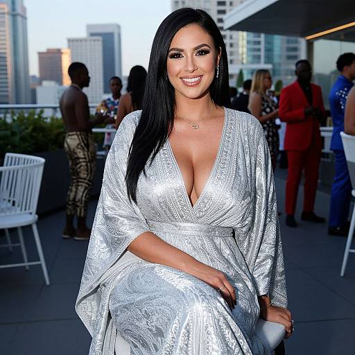 Elegant Woman in Silver Dress at Rooftop Party with City Skyline
