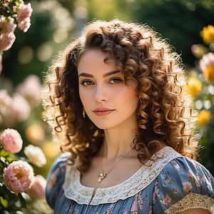 Woman in Vintage Dress in Blooming Garden