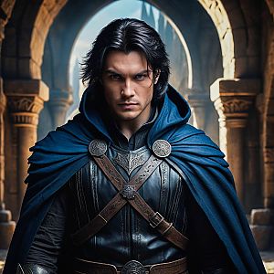 Medieval Man in Leather Armor and Blue Cloak