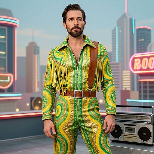 Man in 1970s Style Fringe Jumpsuit with Neon City Rooftop Background