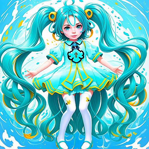 Hachune Miku Anime Character with Vibrant Turquoise Twin Tails and Fantasy Outfit