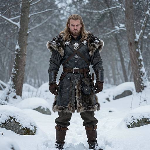 Viking Warrior Man in Fur-Trimmed Medieval Armor Standing in Snowy Forest