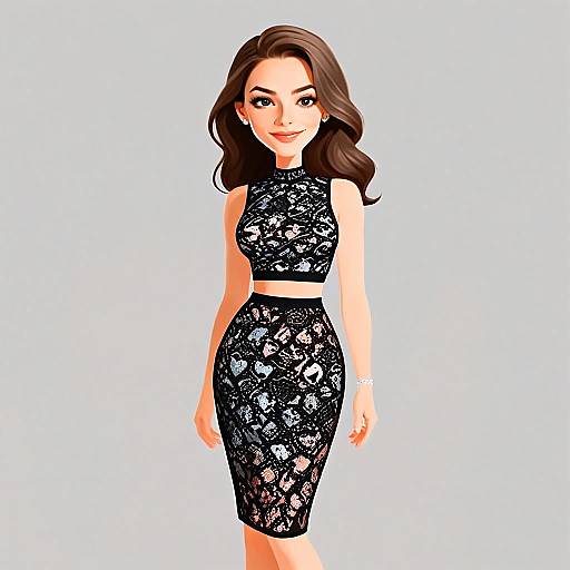 Modern Chic Woman in Black Lace Two-Piece Outfit Illustration