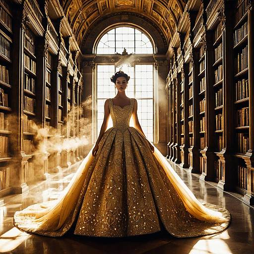 Regal Woman in Embroidered Ball Gown Standing in Historic Sunlit Library
