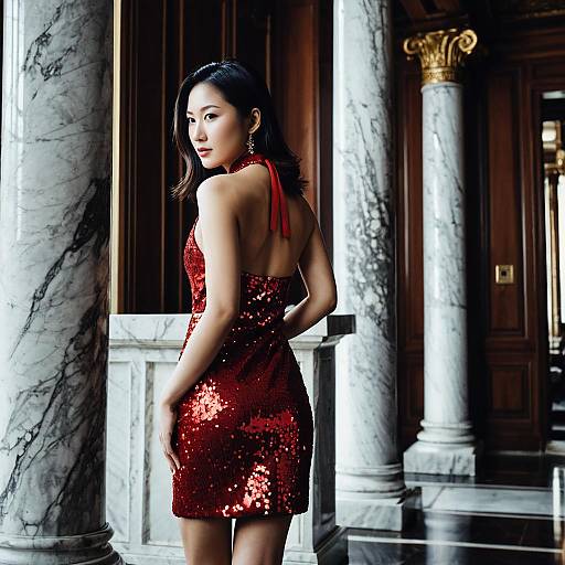 Elegant Woman in Red Sequin Dress in Luxury Marble Interior
