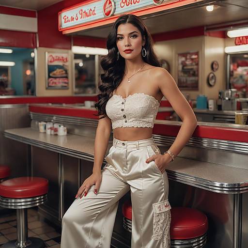 Stylish Woman in White Satin and Lace Outfit at Retro Diner