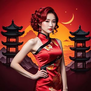 Confident Woman in Red Cheongsam at Sunset