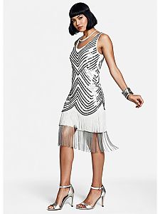 Modern Flapper Revival White Sleeveless Midi Dress with Fringe Detailing