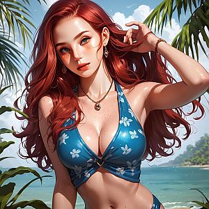 Woman with Red Hair in Blue Floral Bikini on Tropical Beach