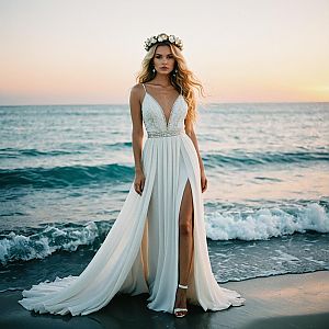 Woman in White Dress by Ocean at Sunset