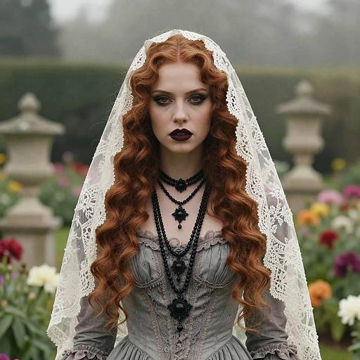 Gothic Victorian Woman in Lace Veil and Corset Dress in Garden