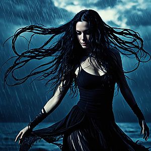 Moody Gothic Woman with Flowing Hair in Rainstorm