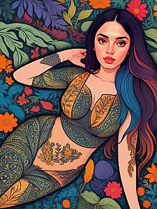 Woman with Botanical Tattoos Against Floral Background