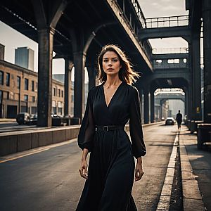 Confident Woman in Black Dress Under Urban Bridges