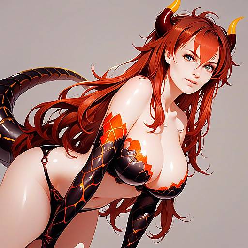Red-Haired Devil Woman Anime Illustration with Horns and Tail