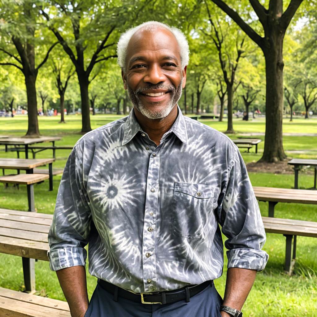 Cheerful older man in tie-dye shirt in park