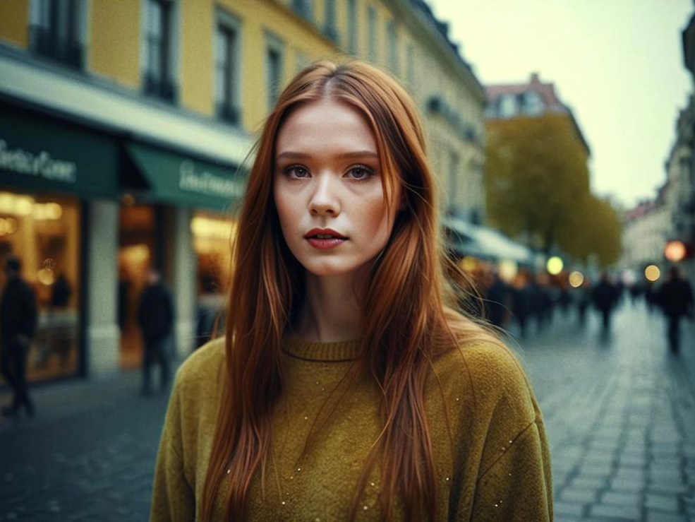 Woman with Red Hair in Autumn City