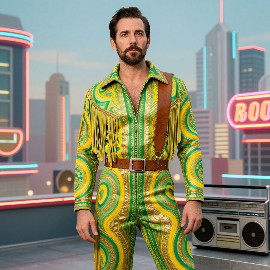 Man in 1970s Style Fringe Jumpsuit with Neon City Rooftop Background