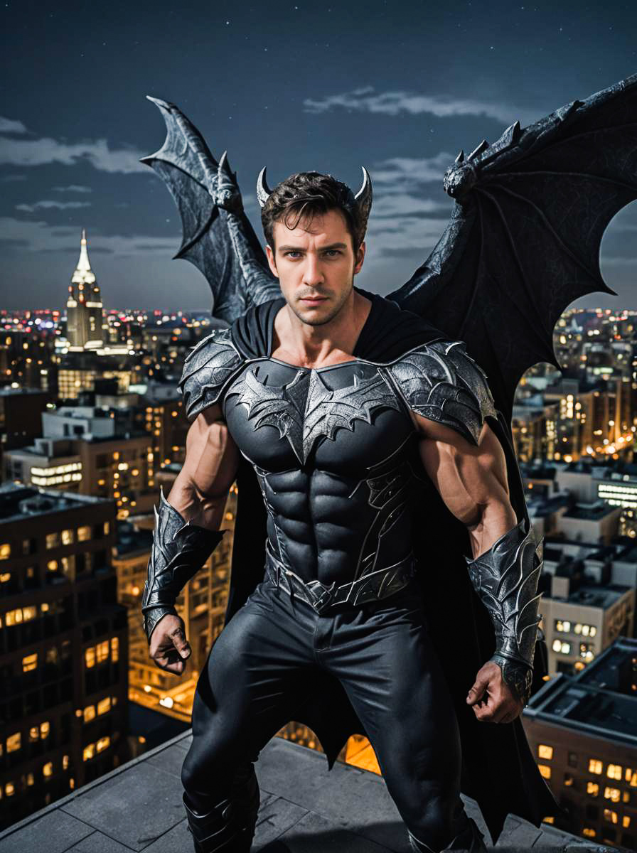 Man in Gargoyle Costume Against City Skyline