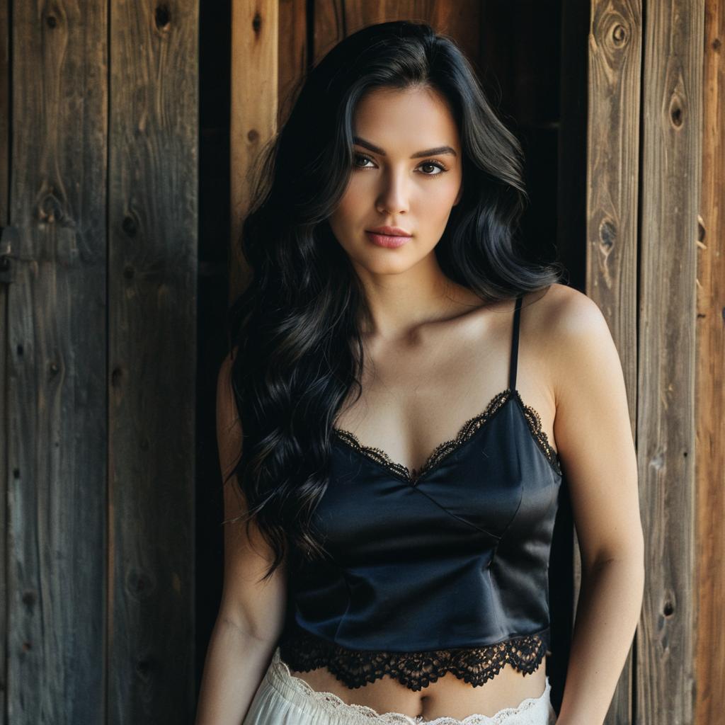 Elegant Woman in Black Satin Camisole Against Wooden Wall