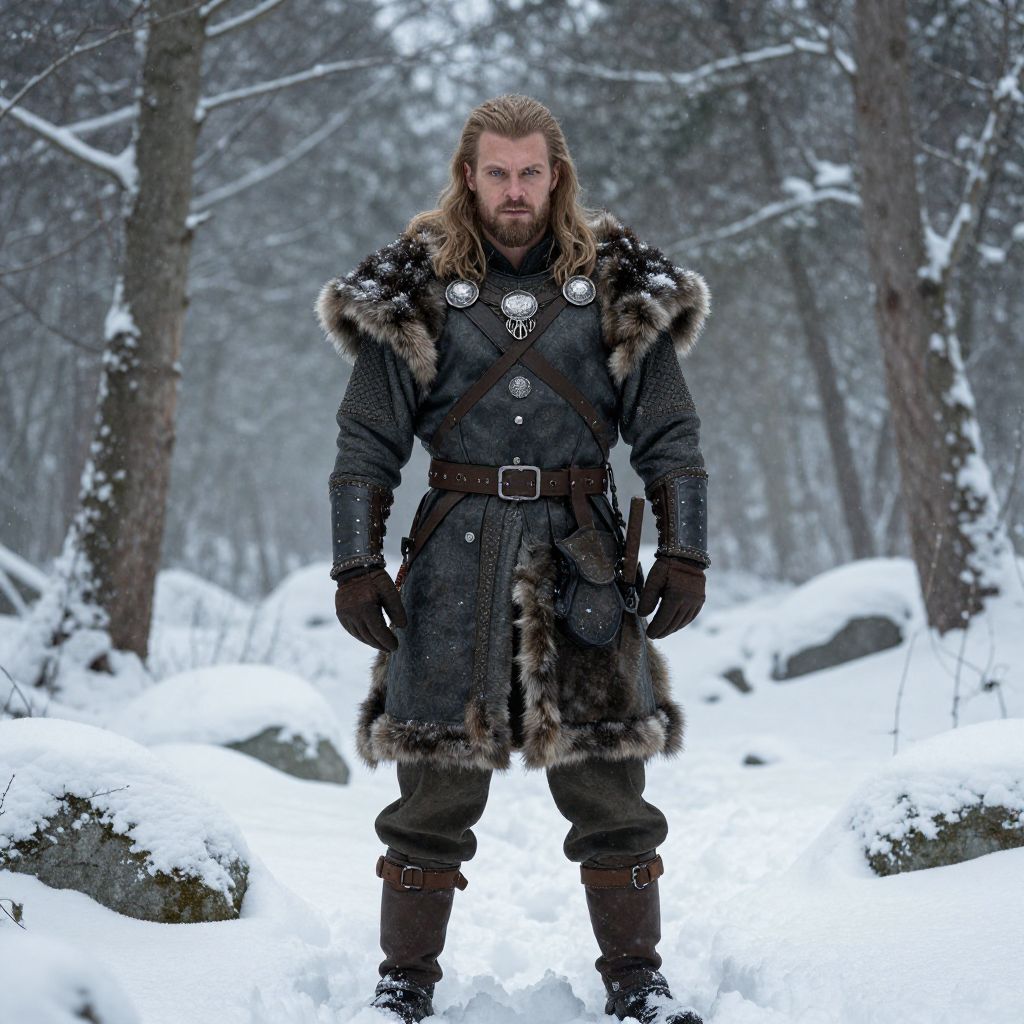Viking Warrior Man in Fur-Trimmed Medieval Armor Standing in Snowy Forest