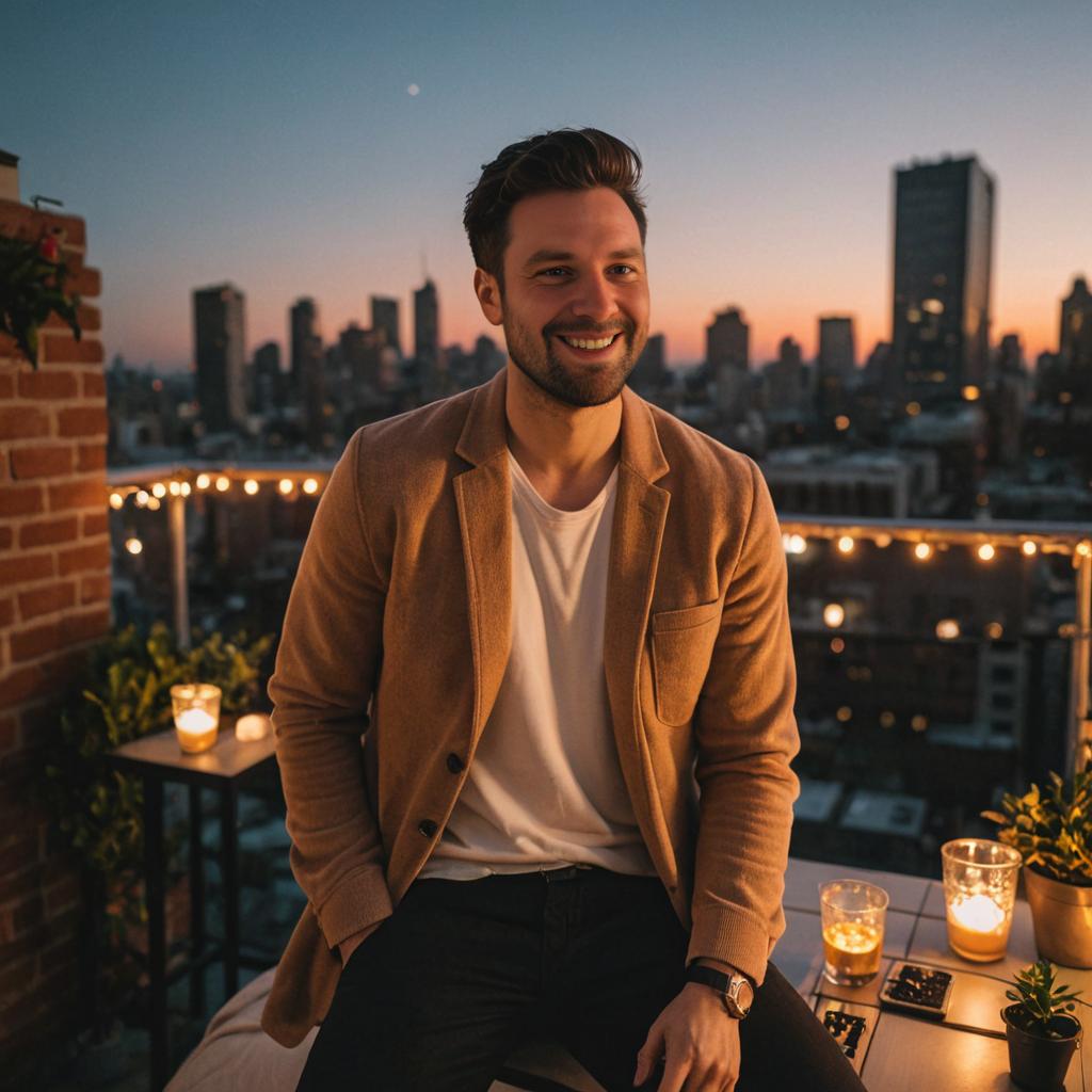 Stylish Man Smiling on Rooftop at Evening