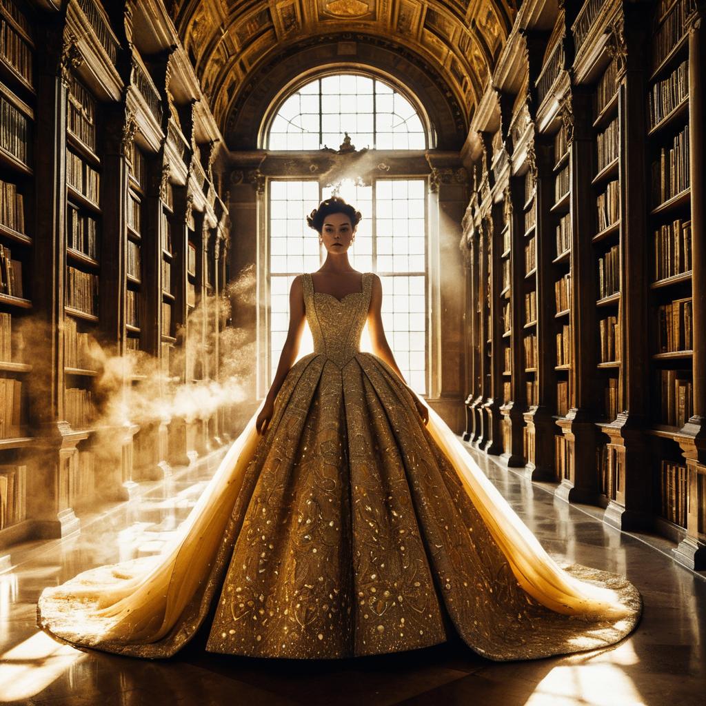Regal Woman in Embroidered Ball Gown Standing in Historic Sunlit Library
