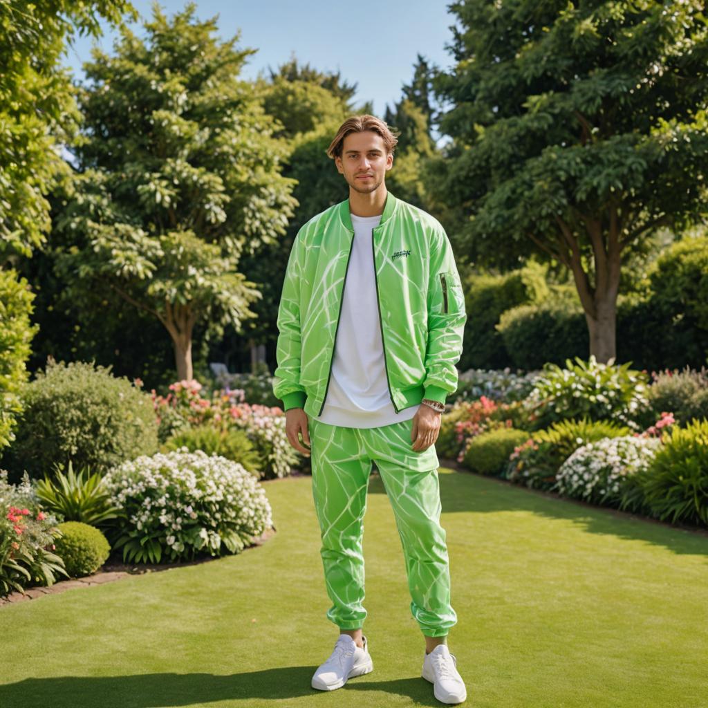 Man in Stylish Green and White Tracksuit in Garden