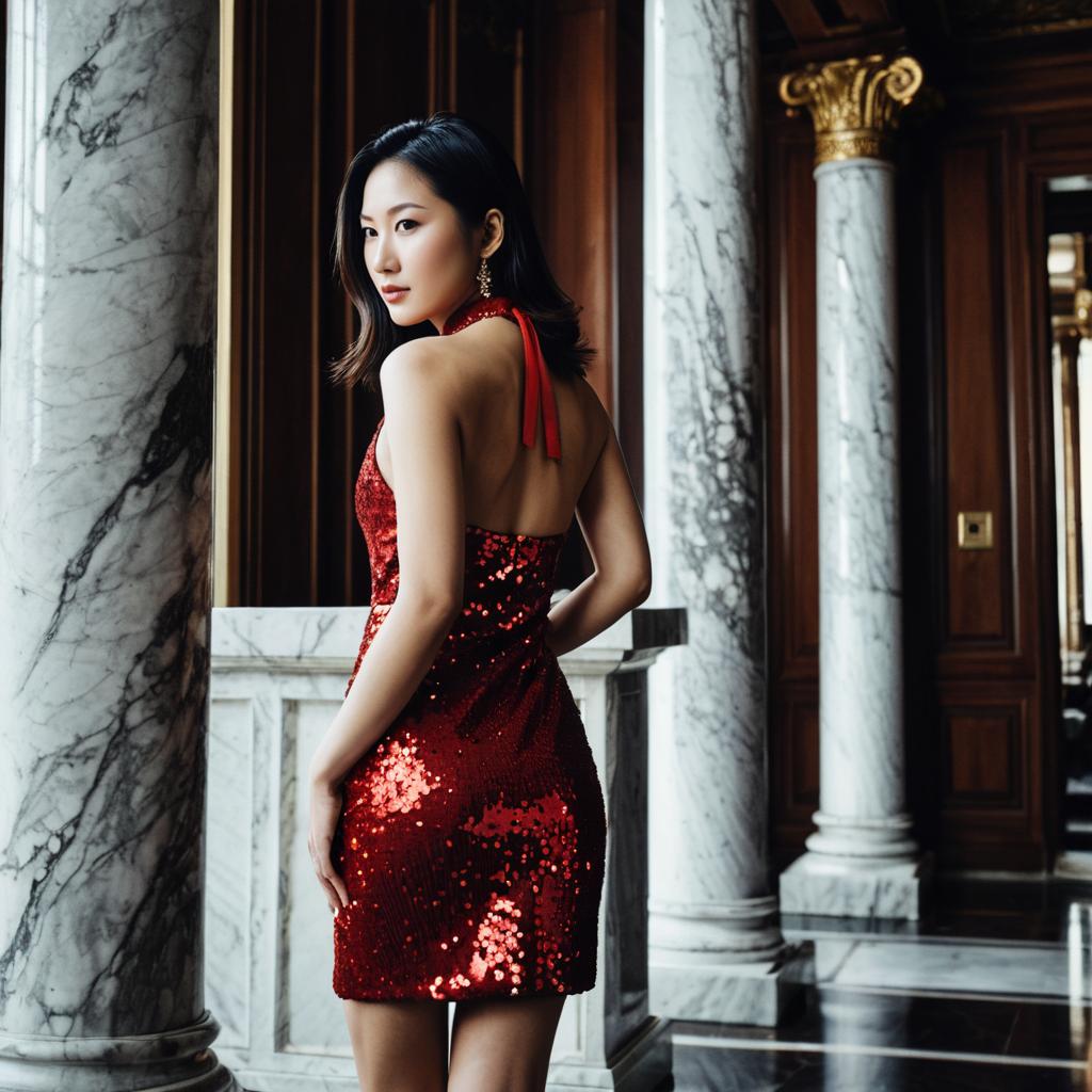 Elegant Woman in Red Sequin Dress in Luxury Marble Interior