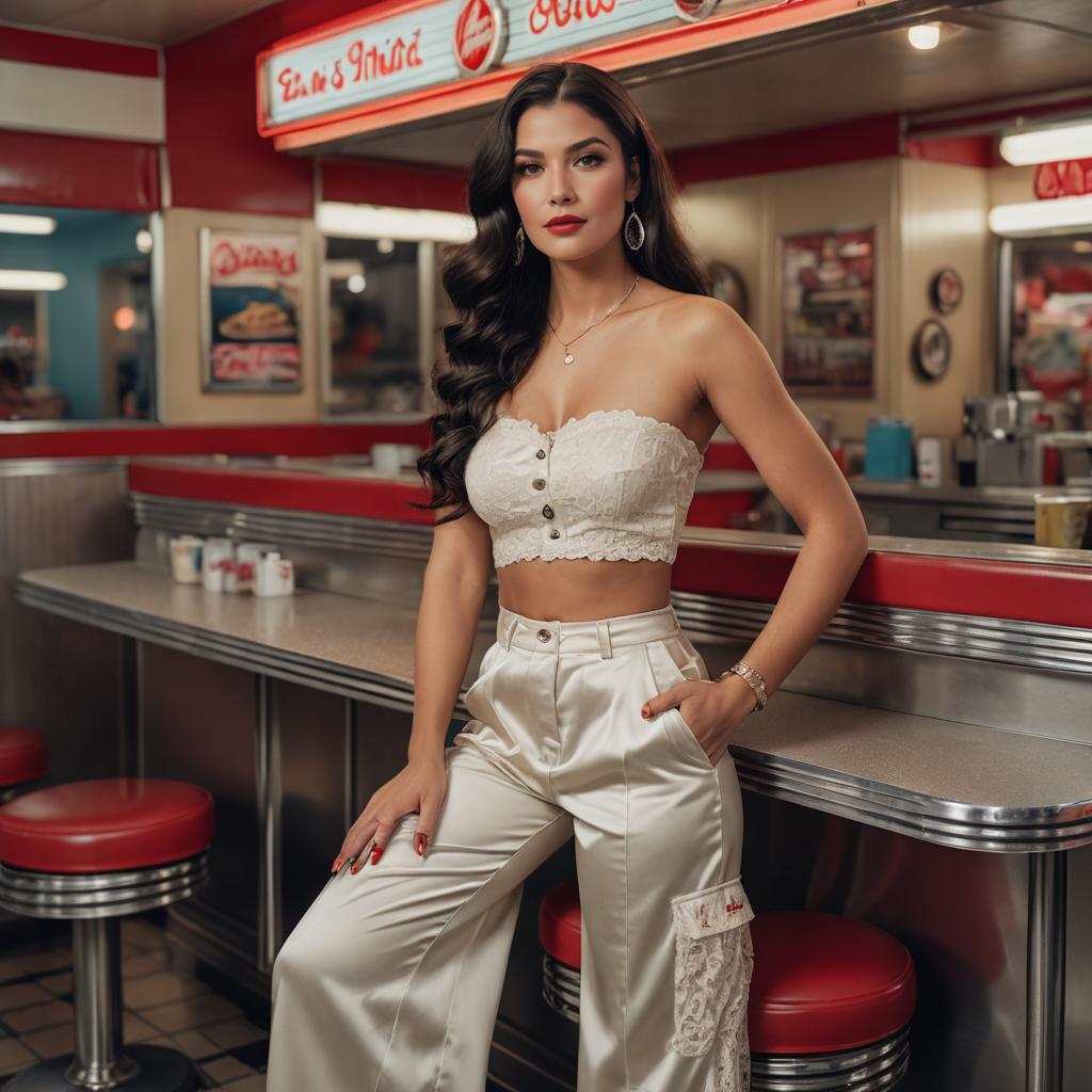 Stylish Woman in White Satin and Lace Outfit at Retro Diner
