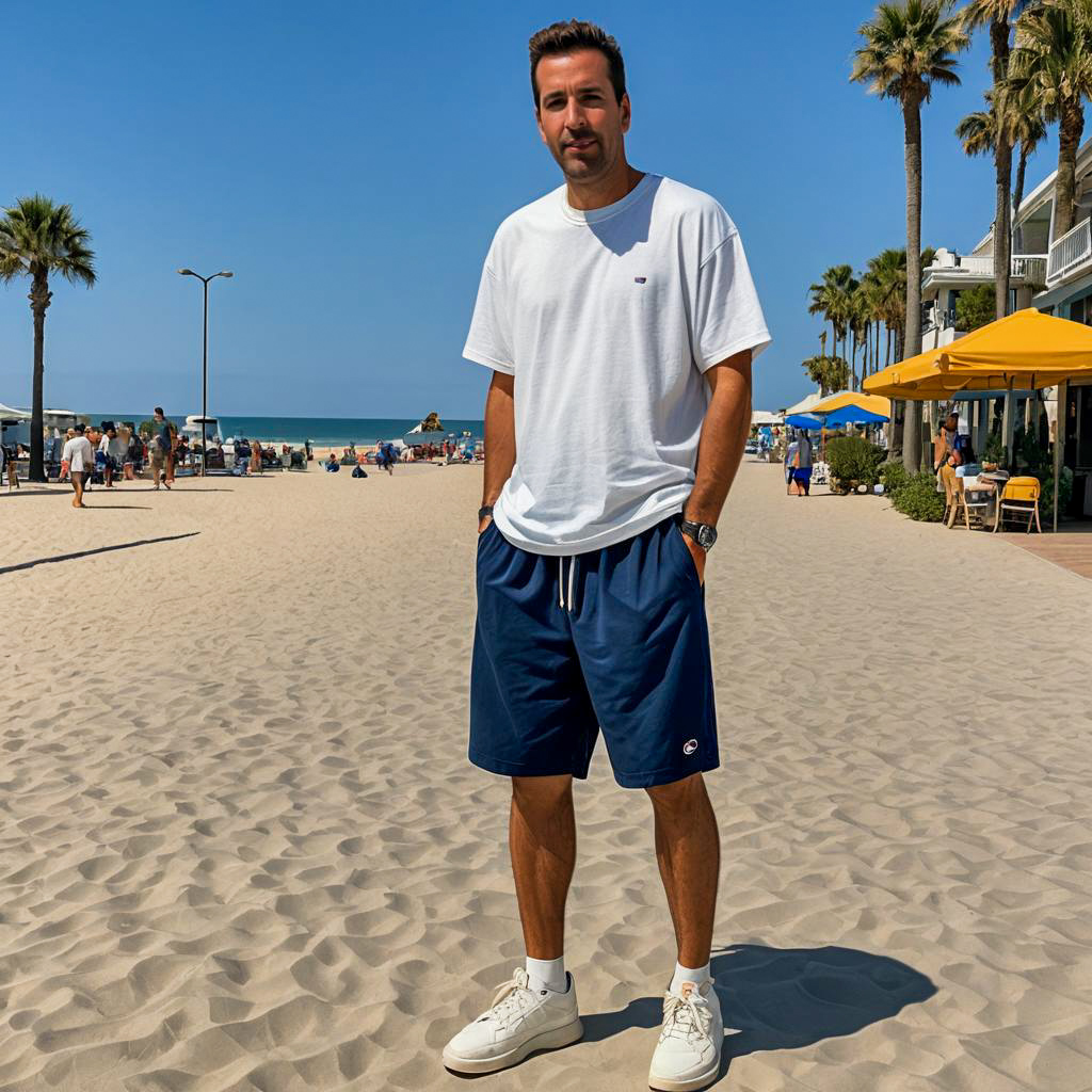 Man in Casual Summer Outfit Standing on Beach Promenade