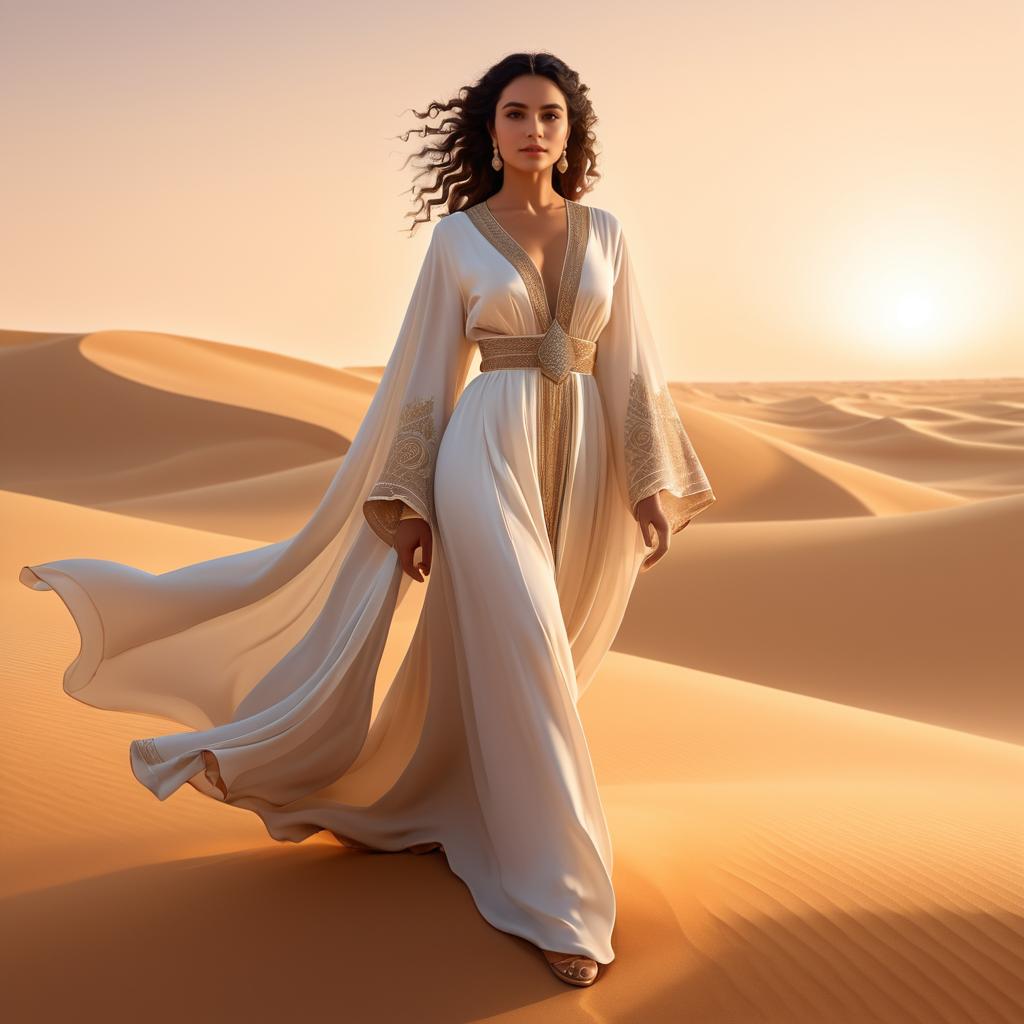 Elegant Woman in White Gown in Golden Desert at Sunset