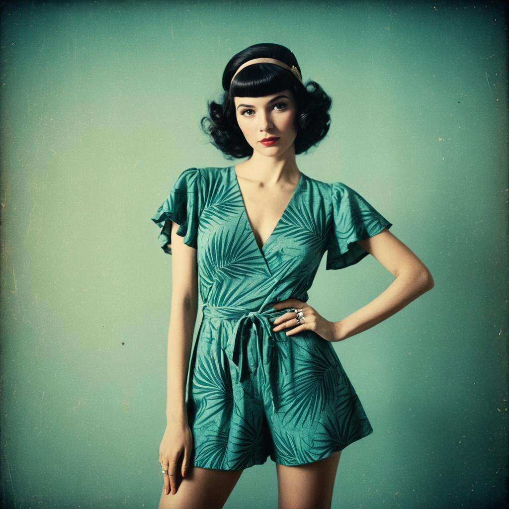 Vintage Style Woman Wearing Teal Leaf-Print Romper with Retro Hairstyle