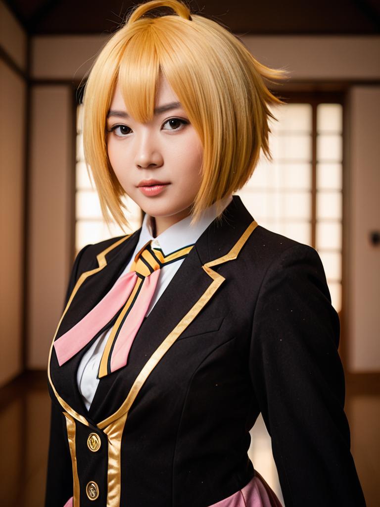 Woman Cosplaying Natsuki in Detailed Realistic School Uniform Costume