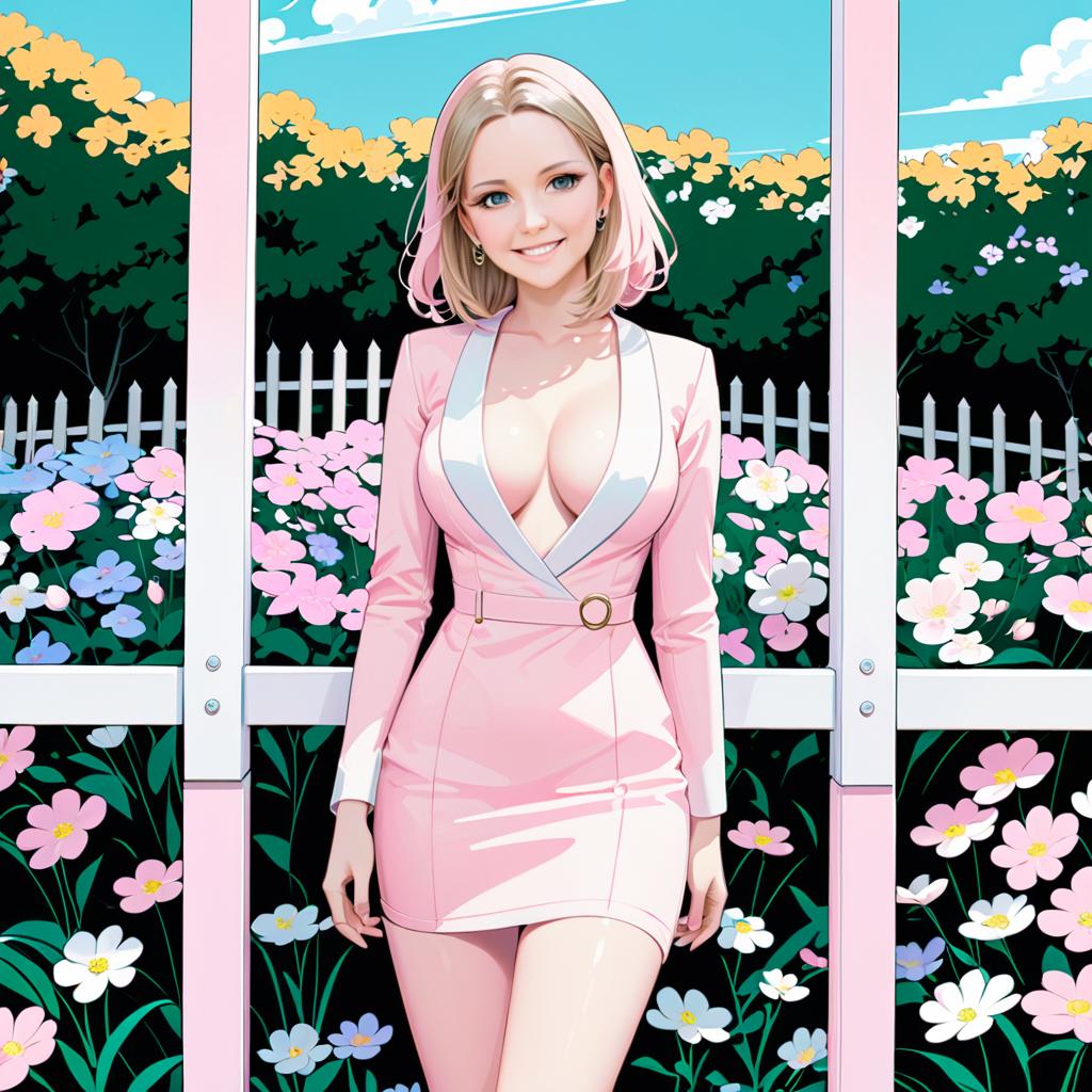 Smiling Woman in Pink Dress in Vibrant Anime Garden