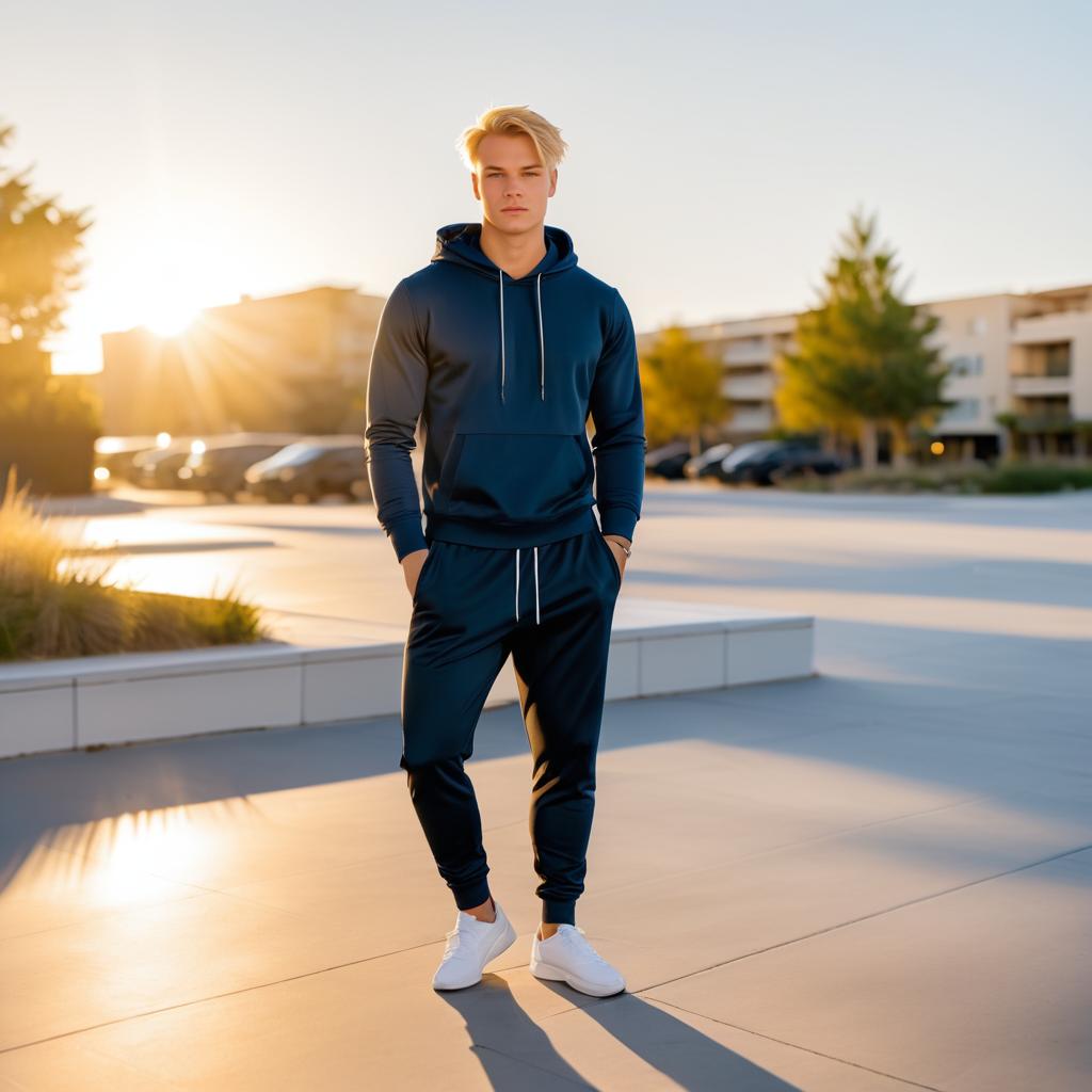 Young Man in Blue Hoodie at Sunset