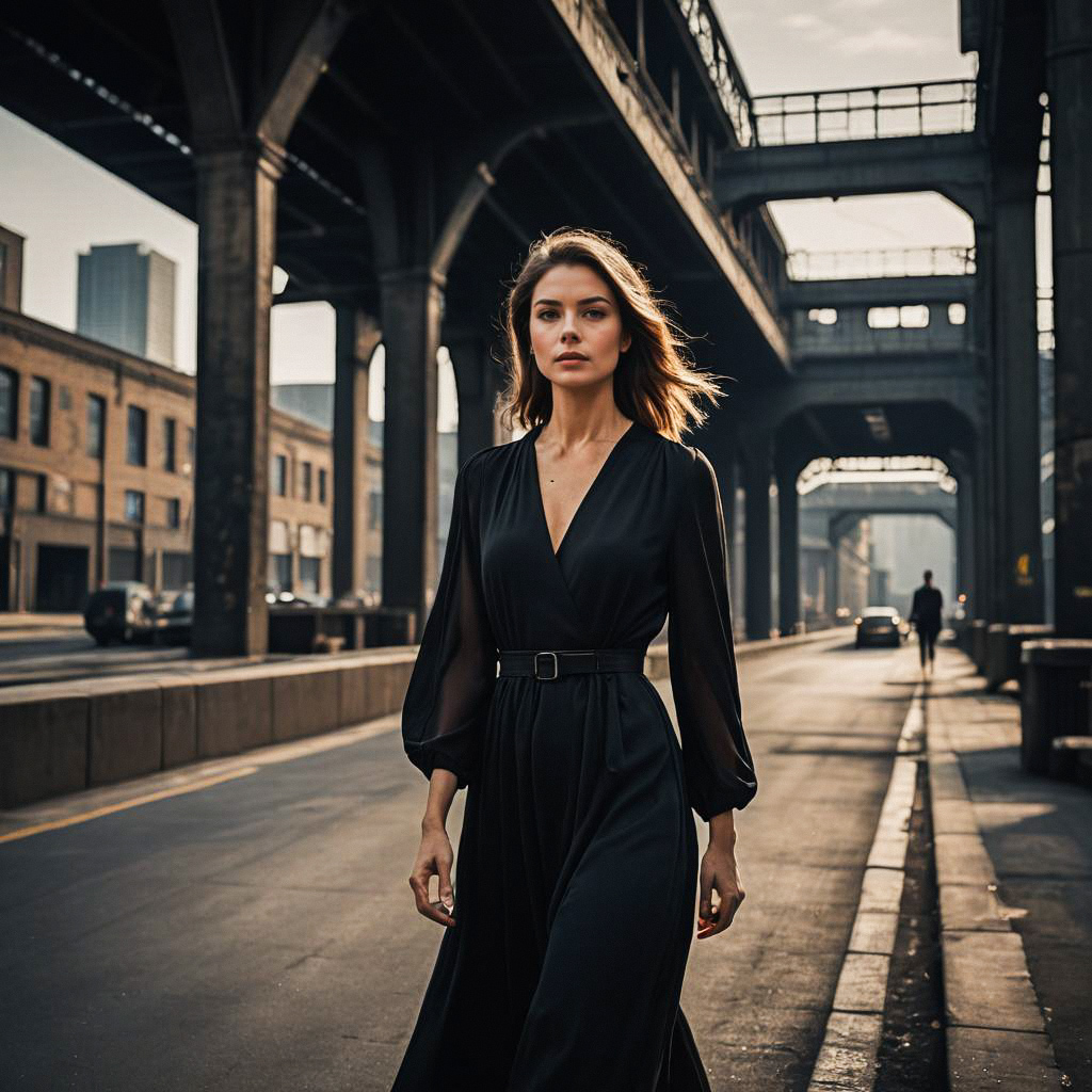 Confident Woman in Black Dress Under Urban Bridges Confident Woman in Black Dress Under Urban Bridges
